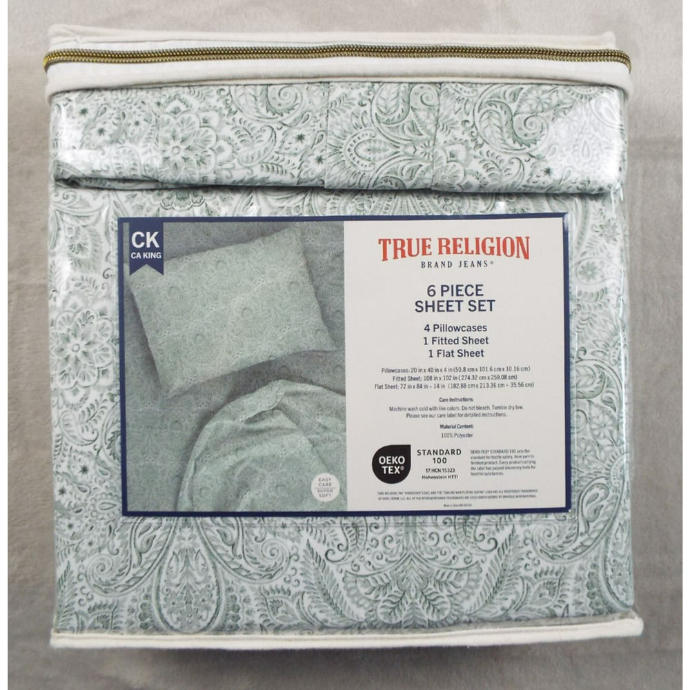 TRUE RELIGION Green Floral 6 Piece Cal-King Sheet Set 100% Polyester NEW